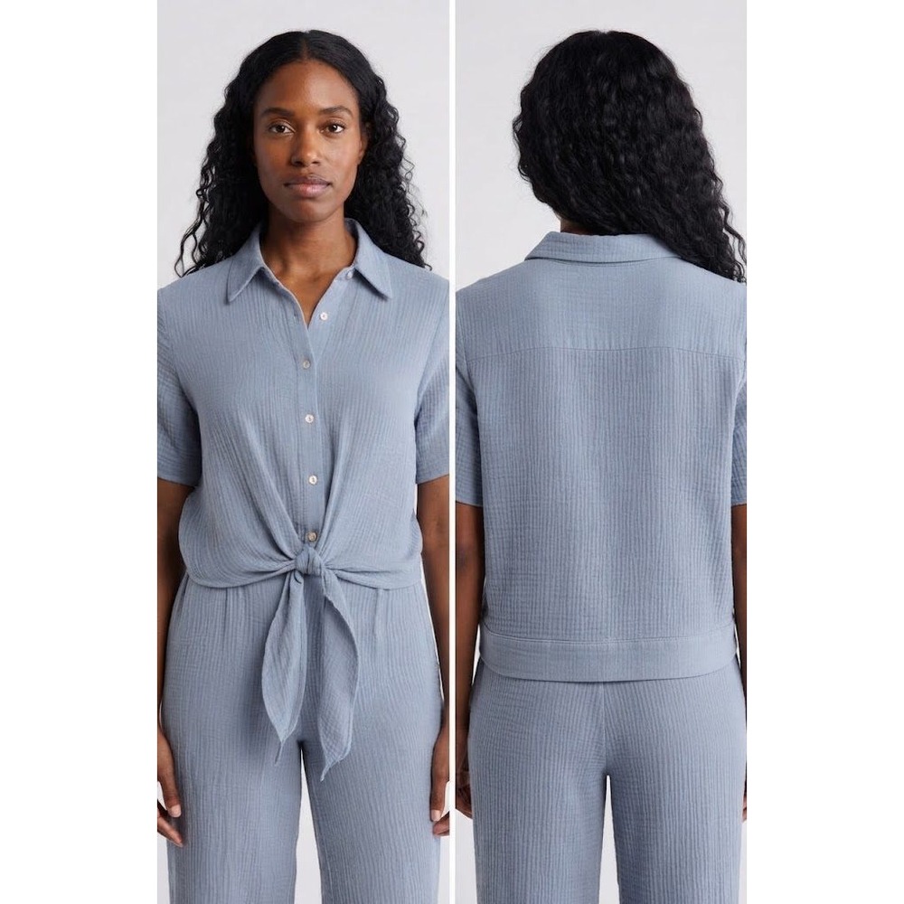 T Tahari Woman 1X Cotton Gauze Shirt Blue Short Sleeve Button Up Tie Front Top